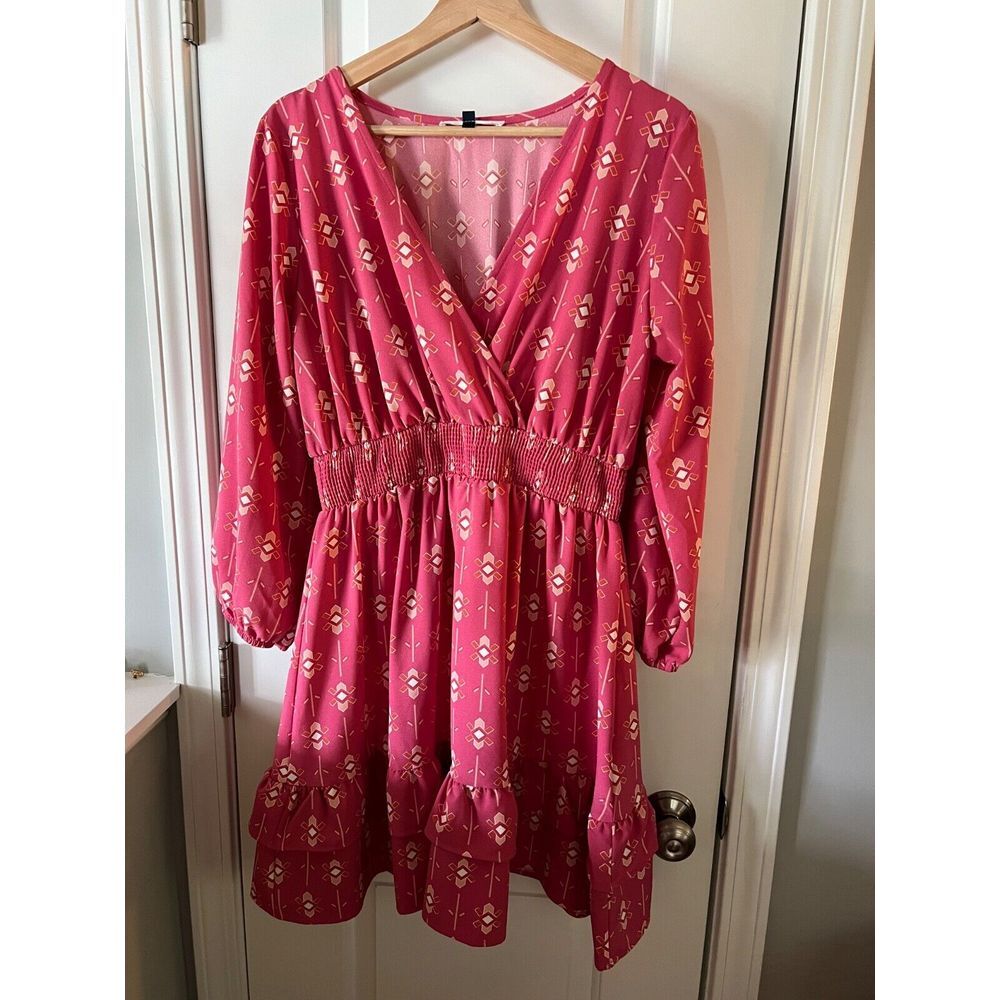 Melissa McDowell Womens S Hot Pink V Neck Mini Pullover Dress 3/4 Length Sleeves